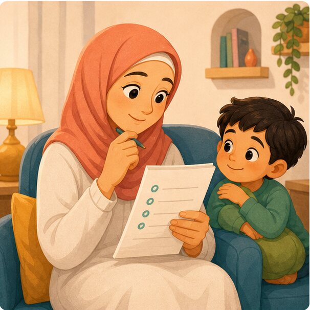 والدة تقرأ قائمة نصائح عملية وبجانبها طفل