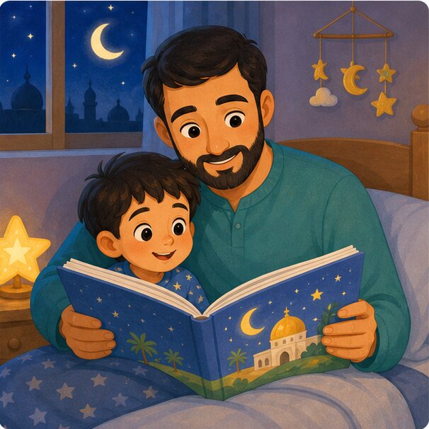 والد يقرأ قصة مصورة قبل النوم مع طفل